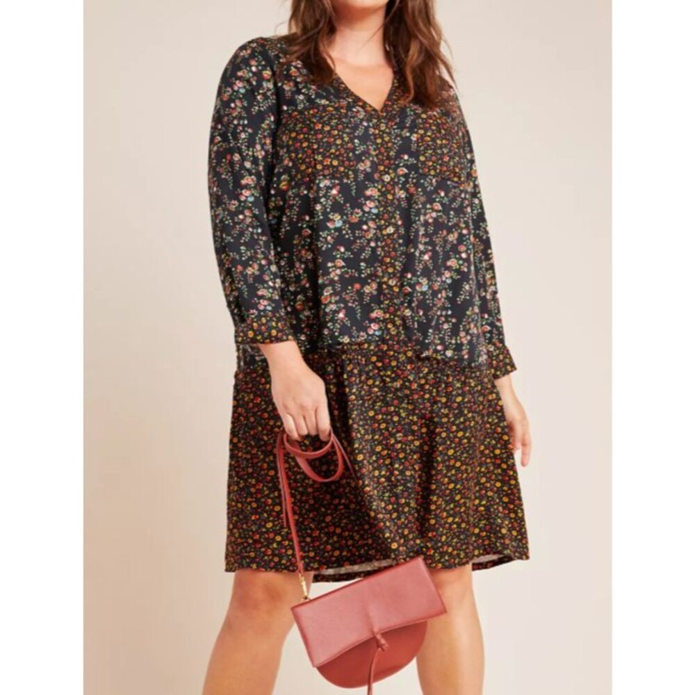 Maeve Anthropologie Marlie Button Front Tunic Dress Floral Drop Waist Boho 14